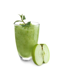 Glass of tasty apple smoothie on white background