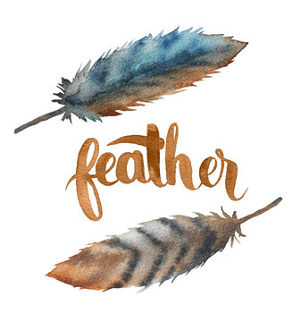 Feather card. Watercolor illustration. Hand drawn colored poster.