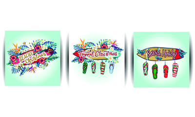 merry christmas and a happy new year in a warm climate design tropical Christmas, Holiday greeting card with, Christmas decoration in tropical style, Christmas style sandals on the beach