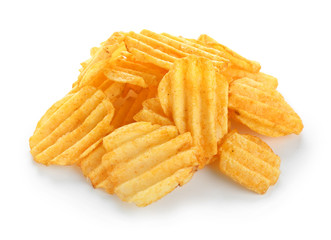 Tasty potato chips on white background