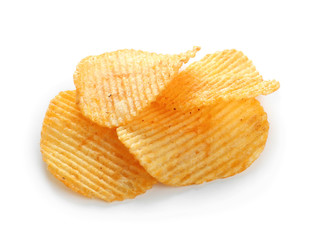 Tasty potato chips on white background