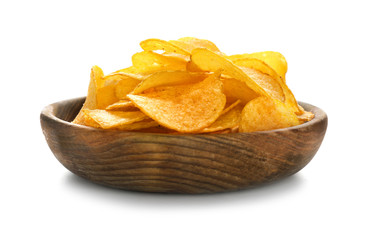 Bowl with tasty potato chips on white background