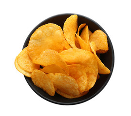 Bowl with tasty potato chips on white background