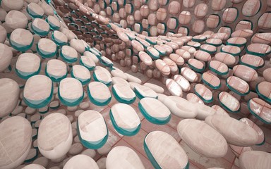 Empty smooth abstract room interior of sheets rusted metal and gray concrete with blue glass. Architectural background. 3D illustration and rendering