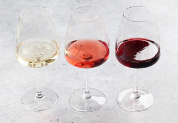 Red, rose and white wine glasses