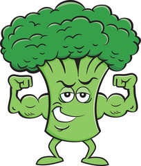 Cartoon illustration of a broccoli flexing his muscles.