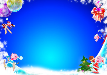 new year's card, piglets in costumes of Santa Claus ride down the hill on skis, the symbol of 2019