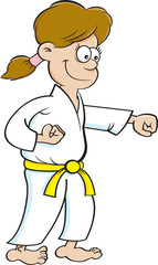 Cartoon illustration of a girl in a Karate uniform punching.