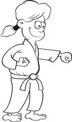Black and white illustration of a girl in a Karate uniform punching.