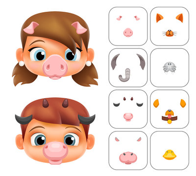 Boy girl cartoon selfie application photo items animal masks face decoration ears nose details vector illustration