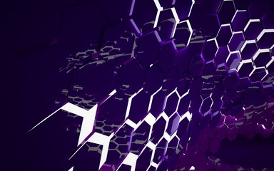 Abstract interior of  minimalist style with violet hexagonal honeycombs. Night view  Architectural background. 3D illustration and rendering