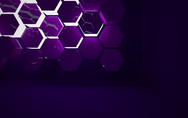 Abstract interior of  minimalist style with violet hexagonal honeycombs. Night view  Architectural background. 3D illustration and rendering