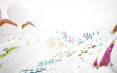 Abstract dynamic interior with white smooth objects and  colored glass lines. 3D illustration and rendering