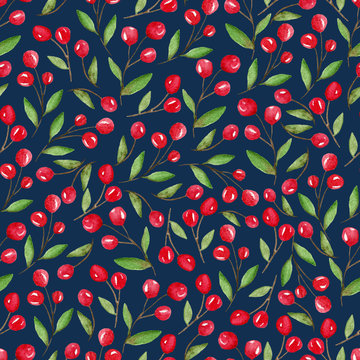 Seamless pattern with red berries. Watercolor hand rawn