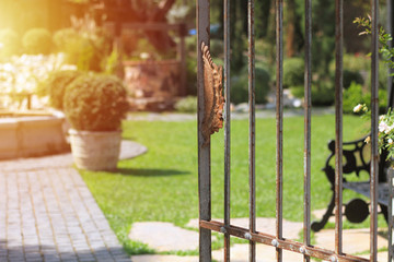  The gate is rusted. The inside is grassy and has a pond.