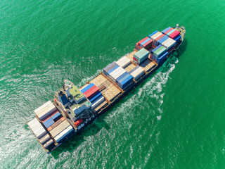 Aerial top view container ship at sea port  loading container for import export, shipping or transportation.
