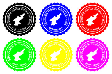 North Korea - rubber stamp - vector, Democratic People's Republic of Korea (DPRK, PRK, DPR Korea, or Korea DPR) map pattern - sticker - black, blue, green, yellow, purple and red