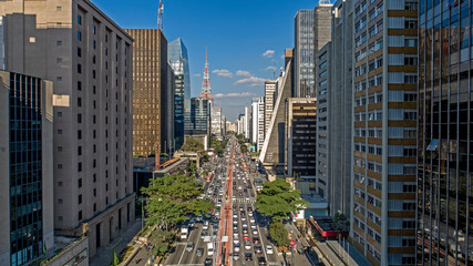 Drone View from Sao Paulo City Paulista Avenue