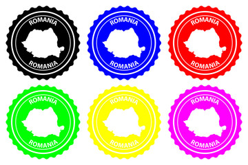 Romania - rubber stamp - vector, Romania map pattern - sticker - black, blue, green, yellow, purple and red