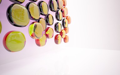 abstract architectural interior with colored smooth glass sculpture with black lines. 3D illustration and rendering