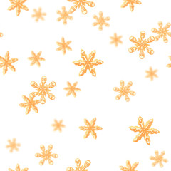 Seamless pattern with 3D realistic xmas sweet brown falling gingerbread cookies shaped like snowflakes at white background.