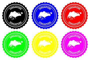 Singapore - rubber stamp - vector, Republic of Singapore map pattern - sticker - black, blue, green, yellow, purple and red