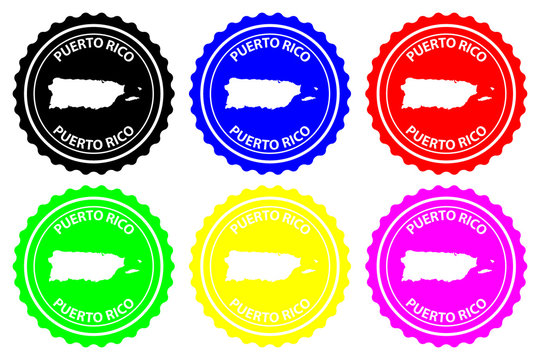 Puerto Rico (Porto Rico) - rubber stamp - vector, Commonwealth of Puerto Rico island map pattern - sticker - black, blue, green, yellow, purple and red