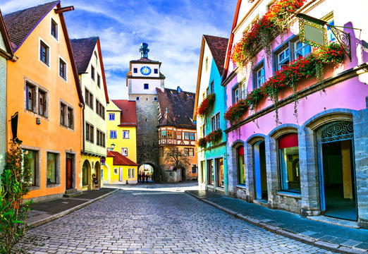 Landmarks of Germany - Rothenburg ob der Tauber in Bavaria. Famous traditional village with  colorful houses