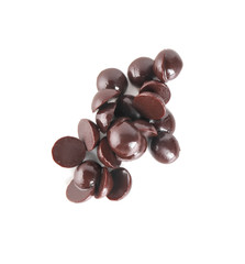 Delicious dark chocolate chips on white background