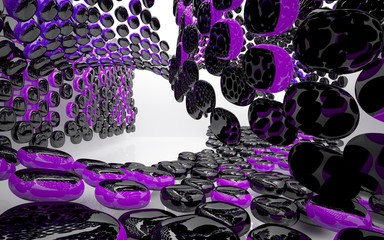 Abstract dynamic interior with black and violet smooth objects . 3D illustration and rendering