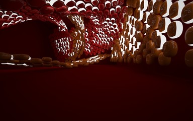 Abstract interior of the future in a minimalist style with orange sculpture. Night view from the backligh. Architectural background. 3D illustration and rendering