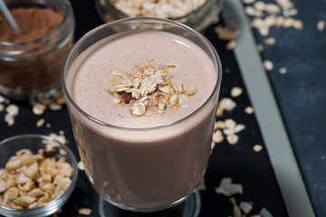 chocolate milkshake in a glass, closeup
