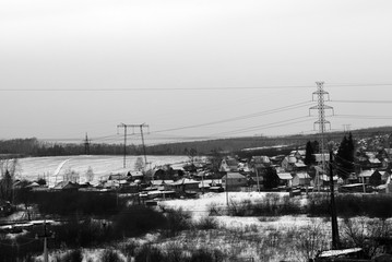 Siberian village. Krasnoyarsk region. White snow. Winter frosty day. Rustic style.
