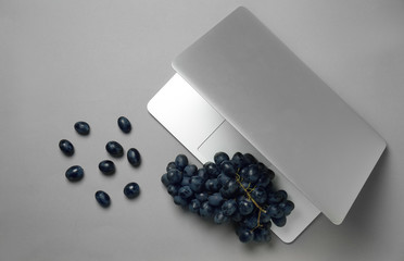 Laptop and sweet grapes on grey background