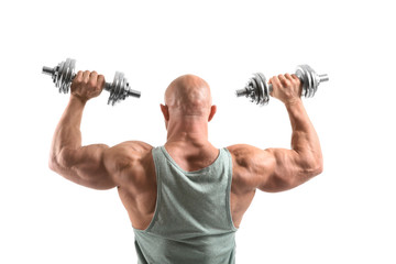 Fototapeta na wymiar Muscular bodybuilder with dumbbells on white background