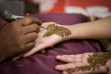 applying henna on hand, Hindu wedding ,Rajasthan, India