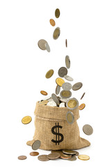 Coins falling  into sack bag