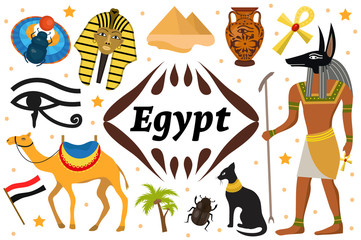 Ancient magic Egypt set icons objects. Collection design elements witch sorrow beetles, Pharaoh, pyramid, ankh, Anubis, camel, antique hieroglyph. Isolated on white background. Vector illustration