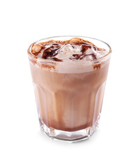 Glass of tasty cold coffee on white background