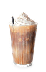 Glass of tasty cold coffee on white background