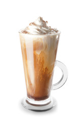 Glass cup of tasty cold coffee on white background