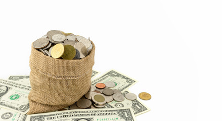 Coins in sack bag