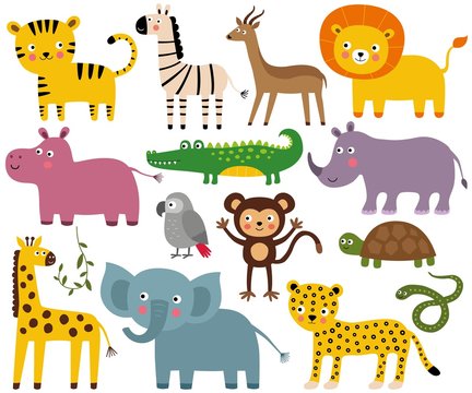 African jungle animals set (elephant, lion, croco, monkey and more)