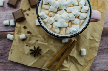 Cocoa drink with spices, zephyr on wooden background
