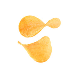Tasty crispy potato chips on white background