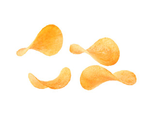 Tasty crispy potato chips on white background