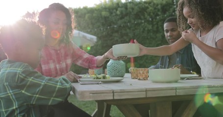 African American family having a family meal outdoors - Powered by Adobe