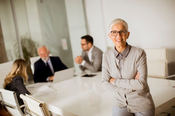 Obraz premium Portrait of senior businesswoman in office while other business people having meeting