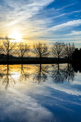 Lake reflecting like a mirror a line of trees the sky with clouds and the sun in autumn