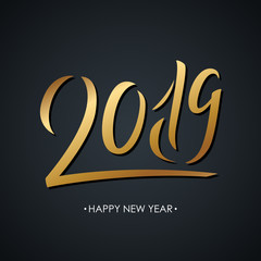 2019 golden colored handwritten inscription on black background. Creative typography for new year holiday greetings and invitations. Vector illustration.